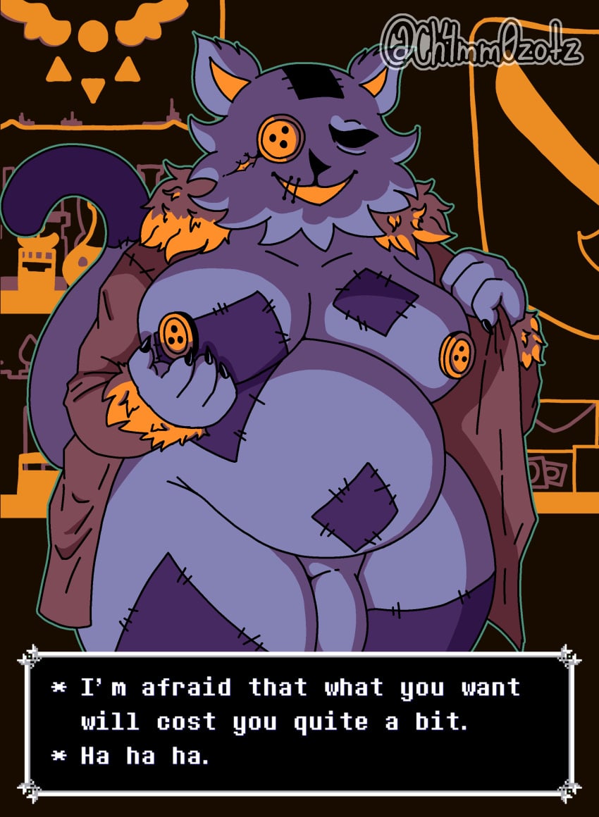 1boy 2025 4_fingers absurd_res anthro belly black_claws black_eyes bottomless bottomless_anthro bottomless_male button_(fastener) button_eyes button_nipples ch4mm0zotz claws clothed clothing darkner deltarune dialogue_box domestic_cat empty_eyes english_description english_text eye_scar facial_scar felid feline felis fingers front_view fur genitals hi_res inside jacket jacket_only laugh male male_only mammal mature_anthro mature_male moobs open_clothing open_jacket open_mouth open_topwear overweight overweight_anthro overweight_male patch_(fabric) patchwork_creature penis purple_body purple_fur raised_tail scar seam_(deltarune) seam_(sewing) sewn_mouth smile solo standing stitch_(sewing) tail text thick_thighs topwear topwear_only undertale_(series)
