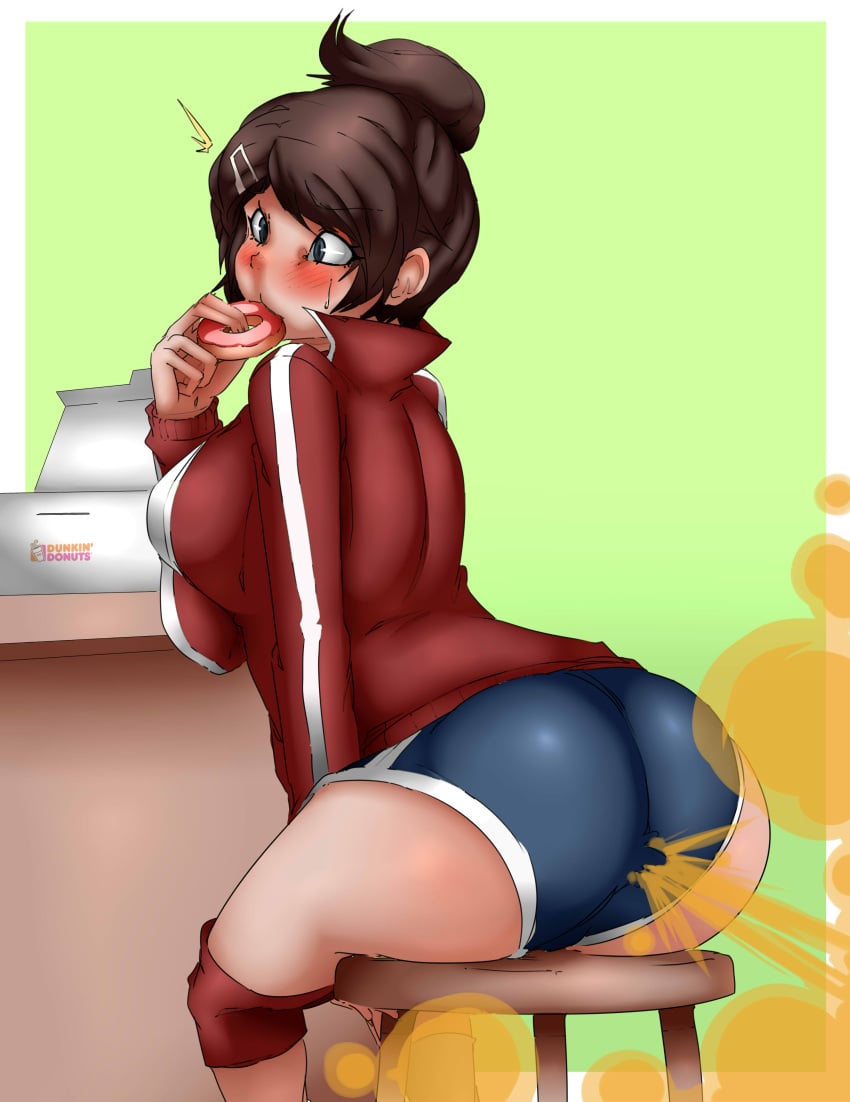 1girls asahina_aoi ass big_ass big_butt blush brown_hair danganronpa dounut dunkin&#039;_donuts eating fart fart_cloud fart_fetish farting female lazei rear_view shorts sitting solo_female viewed_from_behind