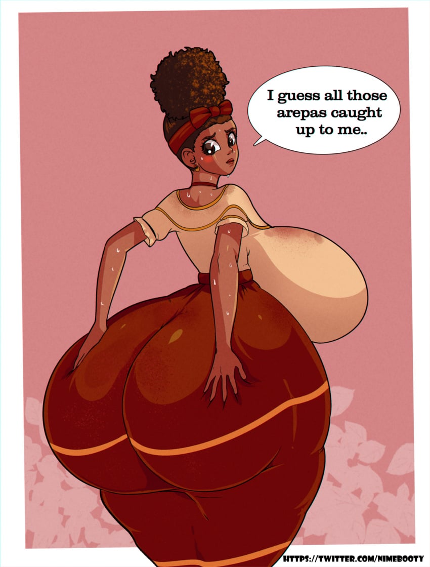 blush breasts brown_eyes dialogue dialogue_bubble disney dolores_madrigal encanto female hands_on_ass huge_ass huge_boobs huge_booty huge_breasts huge_butt lips nimebooty one_girl sweat sweating