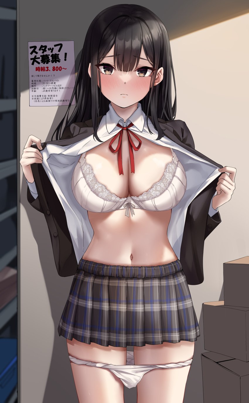 1girls absurdres black_hair black_jacket blazer blush bow bow_bra box bra breasts brown_eyes brown_skirt cardboard_box cleavage closed_mouth cowboy_shot exhibitionism female highres indoors jack_dempa jacket large_breasts long_hair long_sleeves looking_at_viewer navel neck_ribbon open_clothes open_jacket open_shirt opened_by_self original panties panty_pull panty_roll plaid_clothes plaid_skirt pleated_skirt presenting_breasts public_indecency red_ribbon ribbon school_uniform shirt skirt skirt_rolled_up solo translated underwear undressing variant_set white_bra white_panties white_shirt