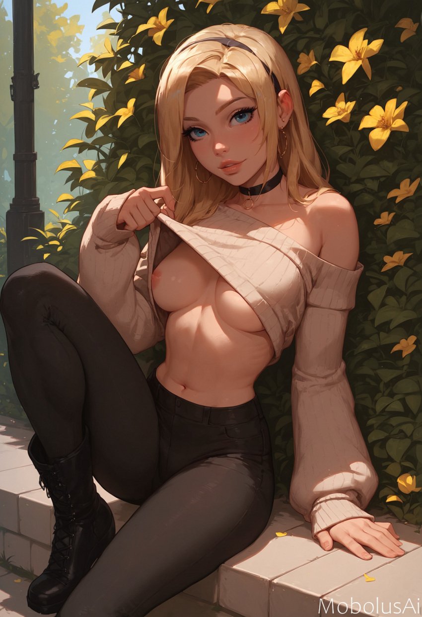ai_generated black_pants blonde_female blonde_hair blue_eyes boots breasts choker female high_boots league_of_legends luxanna_crownguard medium_breasts mobolusai park seductive solo sweater