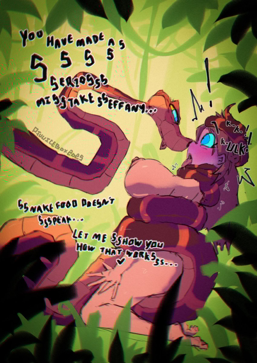 1girls areolae asphyxiation big_breasts breasts brown_hair choking coiling dialogue disney djuuicebox english_text eye_contact female female_only feral feral_on_female hi_res hypnosis kaa kaa_eyes kneeling long_hair nipples open_mouth snake text the_jungle_book tongue_out