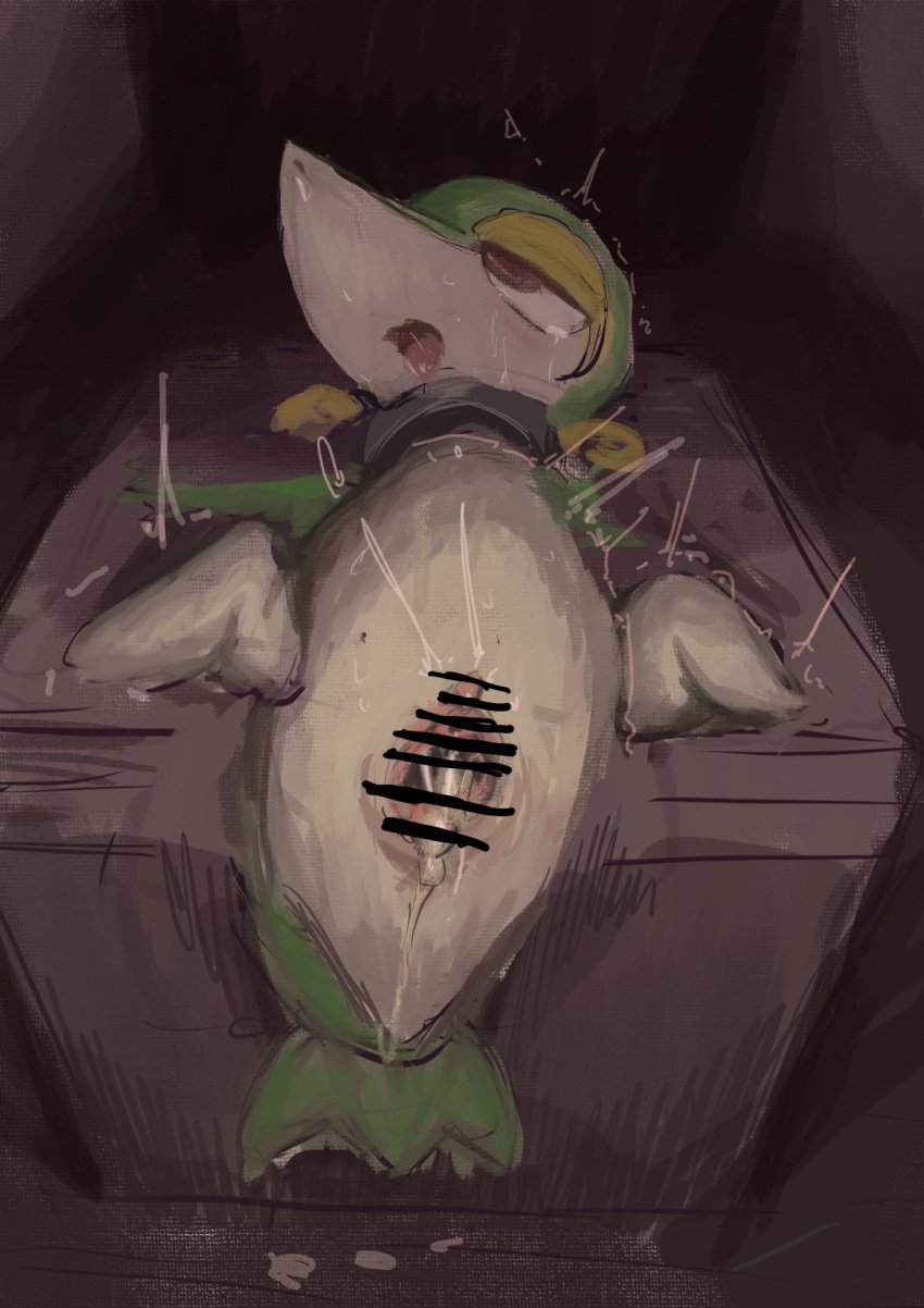 after_sex anthro biped bodily_fluids censor_bar censored cum cum_in_pussy cum_inside detailed_background female generation_5_pokemon genital_fluids genitals green_body green_tail hi_res leaking_cum looking_pleasured lying megusuri multicolored_body multicolored_tail nintendo on_back open_mouth pokemon pokemon_(species) pussy red_eyes snivy snout solo tail tongue white_body white_tail yellow_body