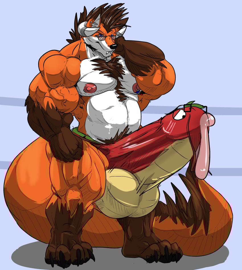 2018 absurd_res anthro balls behemoth_(disambiguation) big_balls big_penis blue_eyes bodily_fluids body_hair brown_hair canid canine chest_hair condom countershading cum curled_horn dreamworks_smirk duo ear_piercing ejaculation erection eyewear fierglief fox fur furgonomics furry-specific_piercing genital_fluids genitals glasses hair hand_on_head hi_res horn horn_piercing huge_balls huge_cock huge_muscle hybrid hyper hyper_balls hyper_genitalia hyper_penis looking_at_another male male_focus male_only mammal musclegut muscular nipple_piercing nipples orange_body orange_fur penis piercing pink_nipples plantigrade pubes sexual_barrier_device smile standing tail thick_tail transformation tyrse veiny_muscle white_body white_countershading