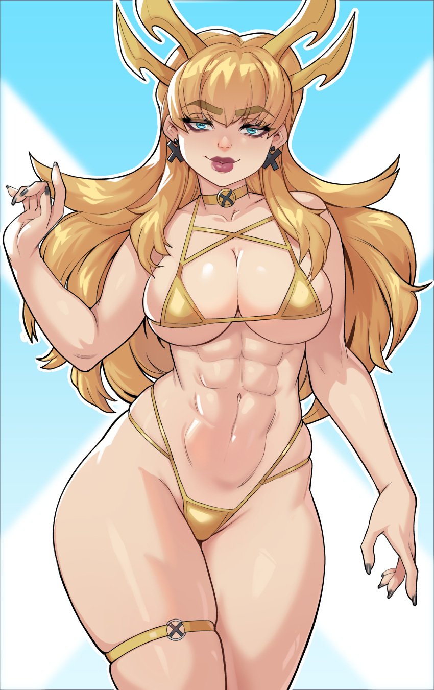 1girls abs athletic athletic_female bikini blonde_hair female female_focus female_only gold_bikini golden_bikini golden_week greenmarine long_hair magik_(illyana_rasputin) magik_(marvel_rivals) marvel marvel_comics marvel_rivals x-men