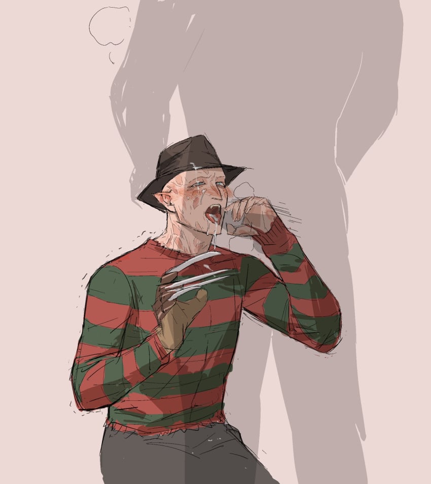 2boys 7713 blowjob blowjob_face blue_eyes blush clothed dbd dead_by_daylight elf_ears freddy_krueger fully_clothed gay gay_sex male nightmare_on_elm_street not_ai_generated open_mouth semen semen_in_mouth shaking sperm striped_clothing sweater tagme tongue tongue_out