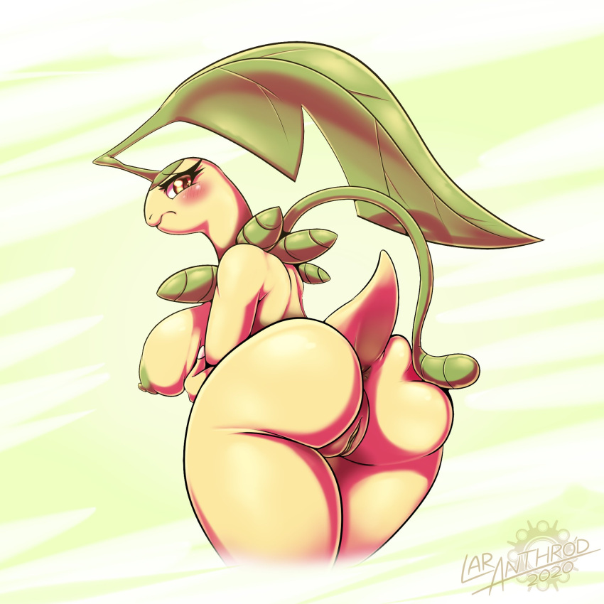 2020 anthro anthrofied anus areola ass bayleef bent_over big_breasts big_butt breasts clitoris elemental_creature english_text female flora_fauna generation_2_pokemon genitals green_areola green_body green_nipples green_pussy green_skin half-closed_eyes hi_res latiar leaf looking_at_viewer looking_back narrowed_eyes nintendo nipples non-mammal_breasts nude plant pokemon pokemon_(species) pokemorph pussy rear_view red_eyes signature simple_background solo text white_background yellow_background