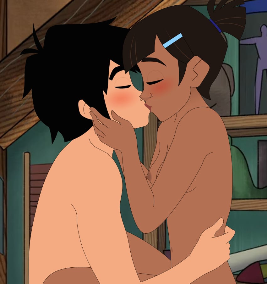 1boy 1girls big_hero_6 big_hero_6:_the_series black_hair breasts brown_hair closed_eyes crossover dark_skin female hand_on_another&#039;s_face hetero hiro_hamada hugging indoors interracial kissing love male marvel marvel_comics megan_cruz mehefin013 naked nude nude_female nude_male petite self_upload short_hair sitting_on_lap small_breasts small_nipples