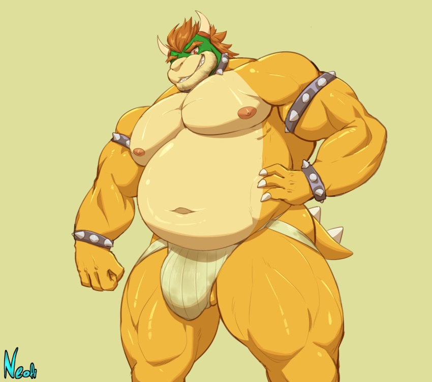 2021 anthro armband balls barely_visible_balls barely_visible_genitalia belly big_belly bowser bracelet bulge clothing collar eyebrows genitals green_body hair hand_on_hip hi_res horn jewelry jockstrap koopa male male_only mario_(series) moobs musclegut muscular muscular_anthro muscular_male navel neofi nintendo nipples overweight overweight_anthro overweight_male pecs scalie simple_background smile solo spiked_armband spiked_bracelet spiked_collar spikes standing tan_background thick_thighs underwear video_games yellow_body