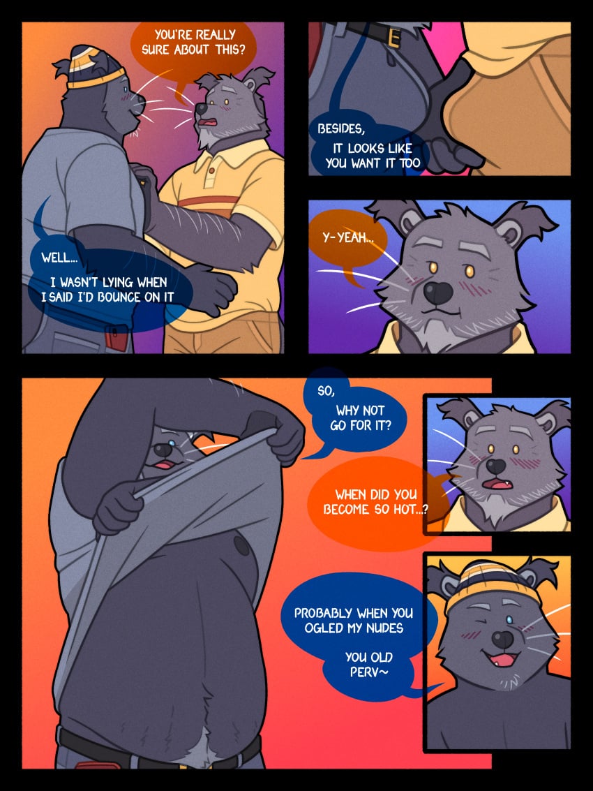 absurd_res anthro arm_hair arm_tuft beanie binturong black_body black_fur blue_eyes blush blush_lines body_hair bottomwear bulge bulge_grab cheek_tuft clothing comic crow&#039;s_feet denim denim_bottomwear denim_clothing dialogue duo ear_tuft elbow_tuft eyebrows facial_tuft father_(lore) father_and_child_(lore) father_and_son_(lore) fur grey_body grey_clothing grey_eyebrows grey_fur grey_shirt grey_topwear happy_trail hat headgear headwear hi_res incest_(lore) jeans khaki_pants male male/male mammal nipples one_eye_closed overweight overweight_male pants parent_(lore) parent_and_child_(lore) parent_and_son_(lore) pawpads quasarbearcat shirt shirtless smile son_(lore) speech_bubble stretch_marks text topwear tuft undressing viverrid whiskers wink yellow_clothing yellow_eyes yellow_shirt yellow_topwear