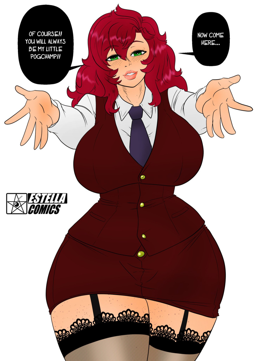 1girls anime_style ass big_ass big_breasts big_butt big_thighs blazer breasts clothed clothed_female color colored crimson_sterlyn dialogue english english_dialogue english_text estella_comics female female_focus female_only freckles fully_clothed gentle_mommy green_eyes huge_ass huge_breasts huge_butt huge_thighs image inviting large_breasts looking_at_viewer mannyestella meme mrestella my_little_pogchamp_(meme) office_lady outstretched_arms pogchamp pov red_hair skirt solo solo_female solo_focus talking_to_viewer text thick_ass thick_legs thick_thighs thighs voluptuous wide_hips