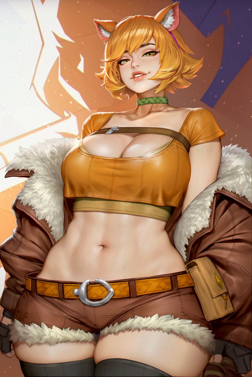 abs absurdres animal_ears body_freckles bomber_jacket breasts brown_hair brown_jacket crop_top doreen_green female freckles freckles_on_breasts fur-trimmed_shorts fur_trim hairband highres jacket looking_at_viewer marvel marvel_comics marvel_rivals navel neoartcore off_shoulder parted_lips short_hair short_shorts shorts smile solo squirrel_ears squirrel_girl_(marvel) squirrel_girl_(marvel_rivals) stomach thick_thighs thighhighs thighs toned toned_female wide_hips