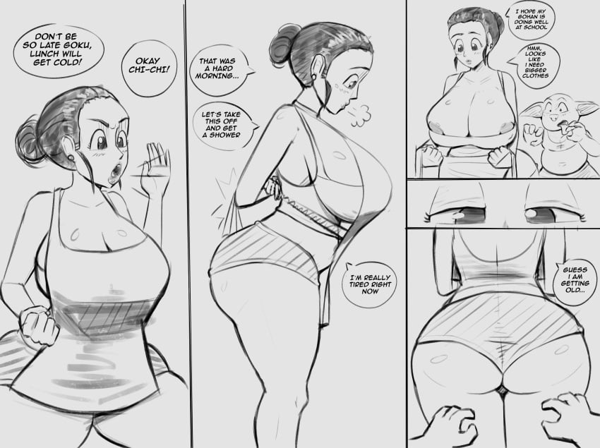 2d animal_ears animal_humanoid ass ass_grab big_breasts boob_window boobs breasts chichi chichi_(majin_buu_saga) chubby_female comic_page dragon_ball dragon_ball_super dragon_ball_z english_text female housewife lavescript milf milfs mother motherly_cuckold no_penetration oolong panel pig sketch sketchy text thick thick_ass uncolored