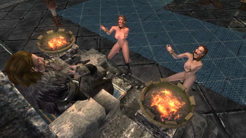 1boy 2girls 3d ball_gag bijin bit_gag clothed_male_nude_female completely_nude completely_nude_female elisif_the_fair female gag gagged game_screenshot kneeling legate_rikke male mod nord nude nude_female nude_mod skyrim skyrimbondage the_elder_scrolls throne throne_bondage throne_room ulfric_stormcloak