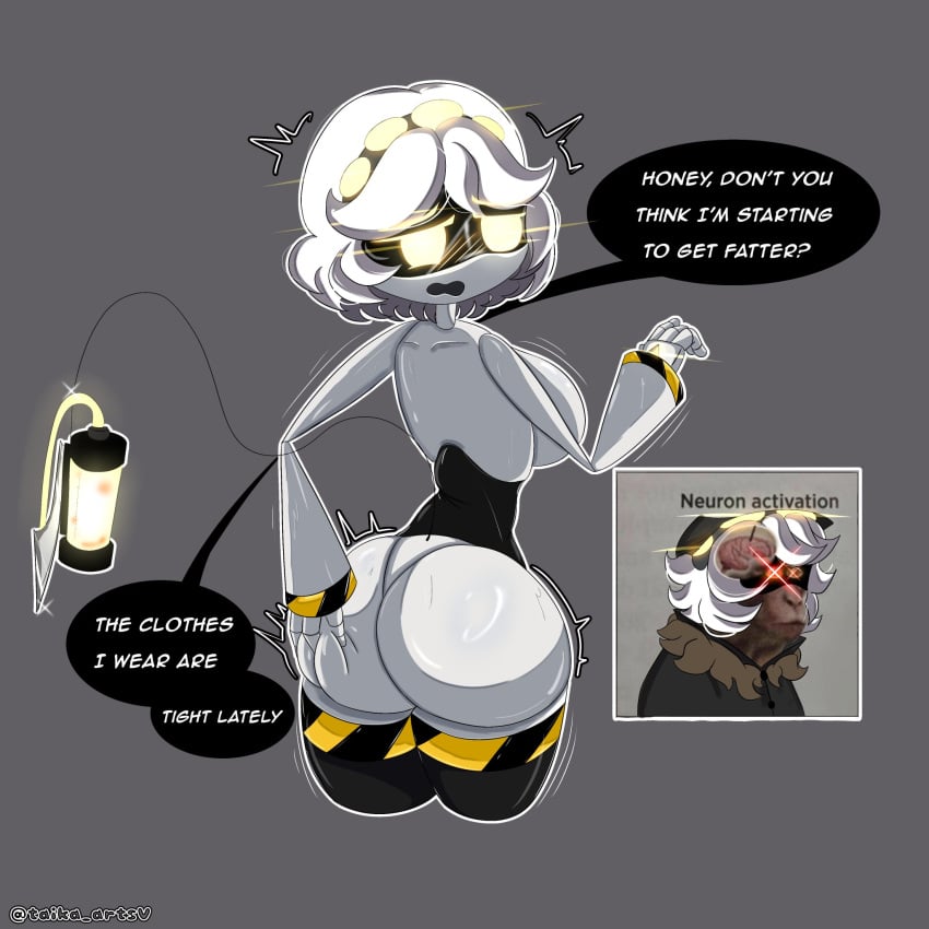 1boy 1girls artist_name artist_signature ass ass_focus big_ass big_breasts blushing_female breasts dialogue female glitch_productions grabbing_ass grey_background looking_back male murder_drones n_(murder_drones) neuron_activation_(meme) nude nude_female robot robot_boy robot_girl robot_humanoid silver_hair taika_artsv thick_ass thick_thighs thighs v_(murder_drones) yellow_eyes