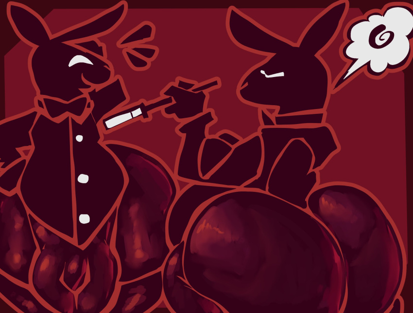 2025 anthro ass balls balls_outline big_balls big_butt black_body black_clothing black_fur black_shirt black_topwear bottomless bottomwear bulge cigar cigarette_holder clothed clothing detailed_bulge flaccid front_view fur genital_outline genitals hand_on_head hand_on_hip hi_res huge_balls huge_butt huge_thighs lagomorph leporid male mammal multiple_poses no_pupils pants penis penis_outline playboy playboy_bunny_(mascot) playboy_bunny_logo pose rabbit raised_hand rear_view red_bottomwear red_clothing red_pants shirt small_penis smile solo thick_thighs topwear white_eyes yourinvasive