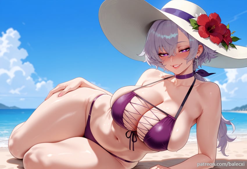 ai_generated azur_lane balecxi bare_shoulders beach big_breasts blue_sky blush breasts cleavage collarbone day earrings female flower grey_hair grin hair_between_eyes hat_flower jewelry large_breasts long_hair looking_at_viewer low_ponytail lying navel outdoors patreon_username purple_bikini purple_choker purple_eyes reno_(azur_lane) smile solo sun_hat swimsuit thighs