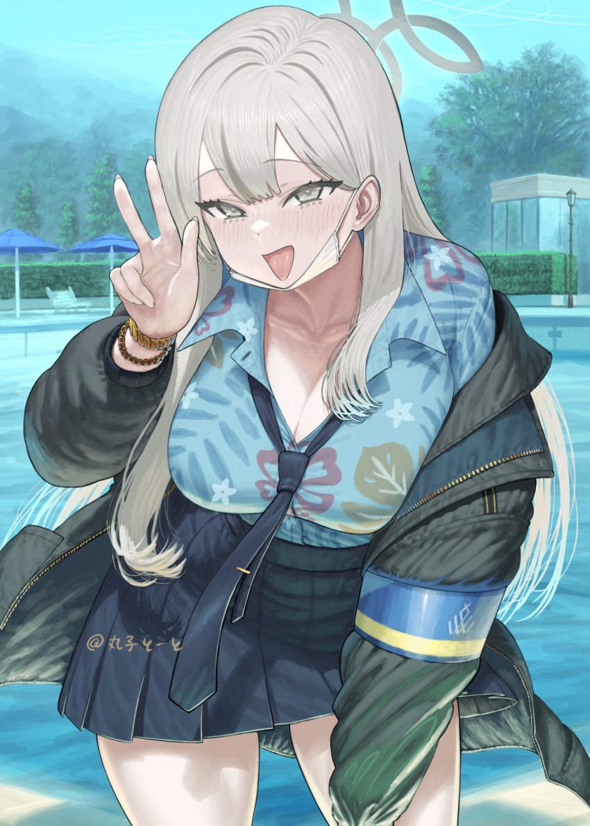 1girls black_skirt blue_archive blue_shirt breasts cleavage collarbone collared_shirt cowboy_shot day female grey_eyes grey_hair grey_halo grey_jacket halo hawaiian_shirt highres jacket konoka_(blue_archive) long_hair long_sleeves looking_at_viewer maruko_tooto medium_breasts open_clothes open_jacket open_mouth outdoors pleated_skirt shirt skirt smile solo w