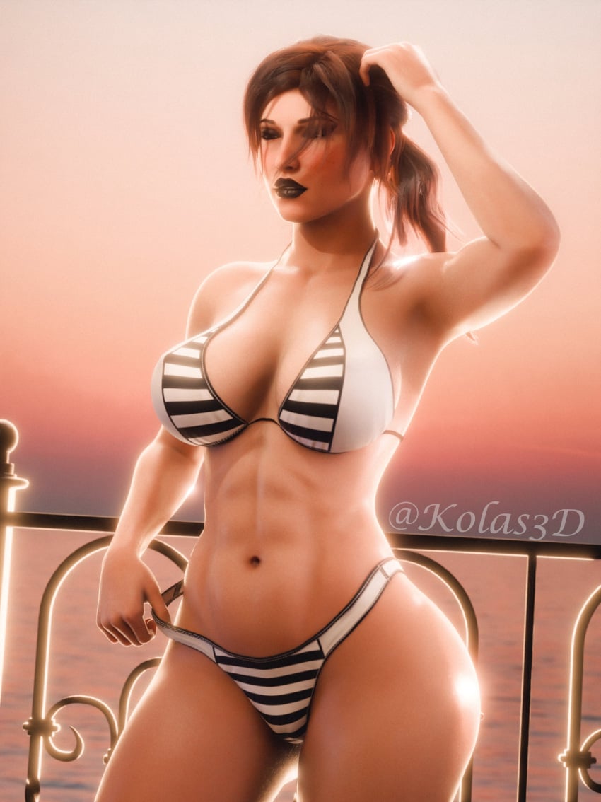 1girls 3d big_breasts bikini black_lipstick breasts brown_hair female kolas3d lara_croft solo tomb_raider
