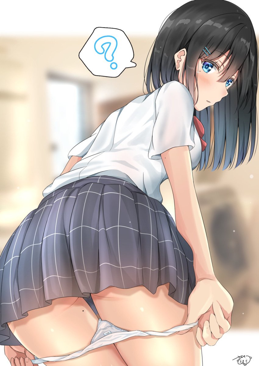 1girls ? ass bad_id bad_pixiv_id black_hair black_skirt blue_eyes blurry blurry_background blush cowboy_shot door exposed_gusset female from_behind hair_ornament hairclip highres indoors leaning_forward letterboxed looking_back medium_hair mole mole_on_thigh mole_under_eye original panties panty_pull panty_roll panty_tag parted_lips picot_trim_panties pleated_skirt pulling_own_clothes school_uniform shirt sidelocks signature skirt solo spoken_question_mark standing sunsun2812 tag thighs underwear undressing washing_machine white_panties white_shirt