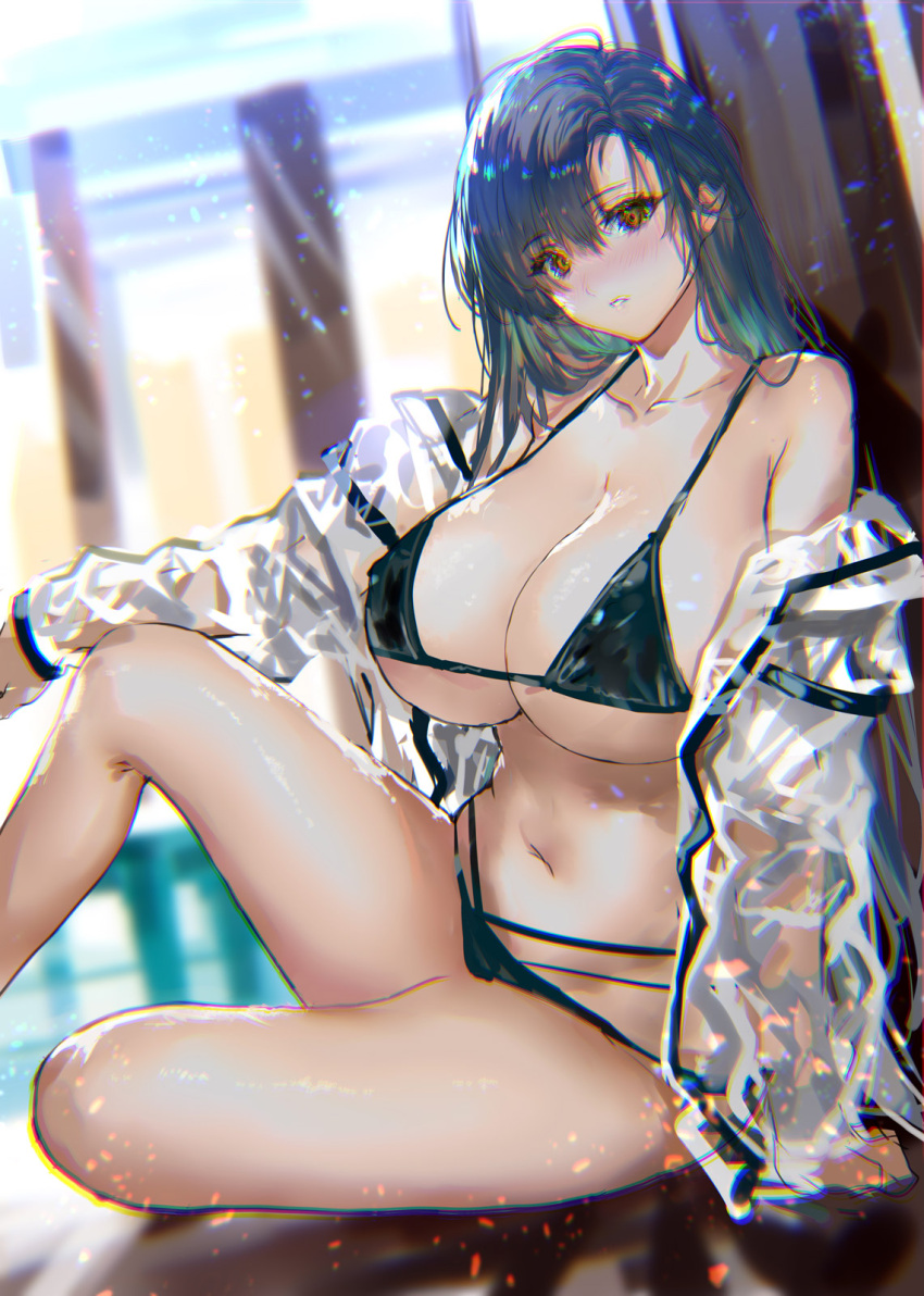 1girls 2021 bangs bare_shoulders bikini black_bikini black_hair blush breasts cleavage collarbone female female female_focus female_only highres jacket large_breasts long_hair long_sleeves looking_at_viewer navel off_shoulder original ran'ou_(tamago_no_kimi) see-through see-through_jacket solo solo_female solo_focus swimsuit tamago_no_kimi thighs yellow_eyes