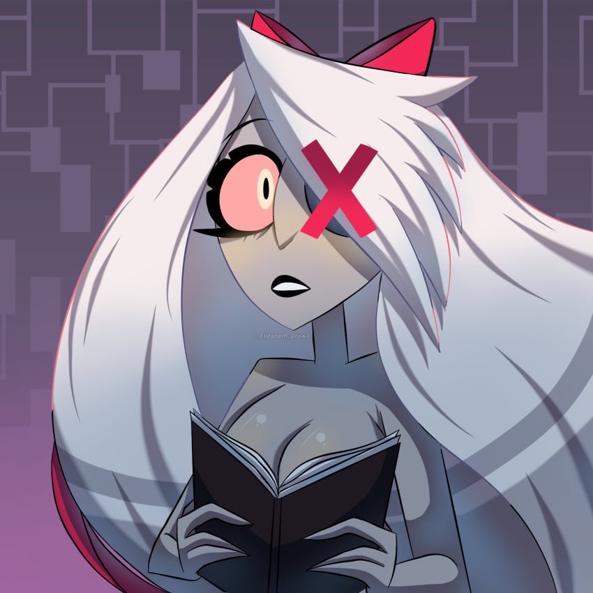 angel blush book book_covering_breasts bow breasts elizabeth_draw female female_only grey_body hair hazbin_hotel humanoid meme nude open_mouth ouch_meme solo teeth vaggie_(hazbin_hotel) white_hair