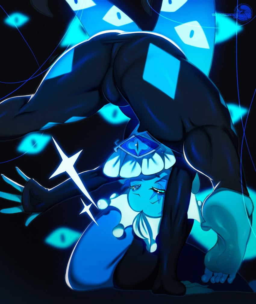 blue_body blue_skin cookie_run hagalazd jester male pose rear_view sfw shadow_milk_cookie spread_legs thighs