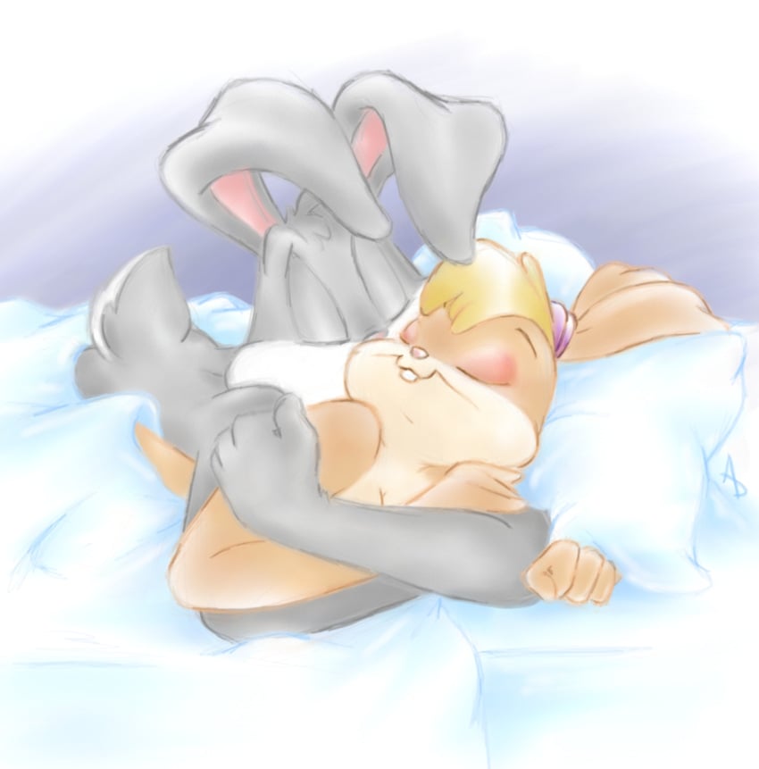 1boy 1boy1girl 1girls anthro bed breasts bugs_bunny closed_eyes cuddling duo female furniture furry hair heartwarming hi_res hug kissing lagomorph leporid littletiger488 lola_bunny looney_tunes love lying male male/female mammal nude rabbit romantic romantic_couple smile warner_brothers wholesome