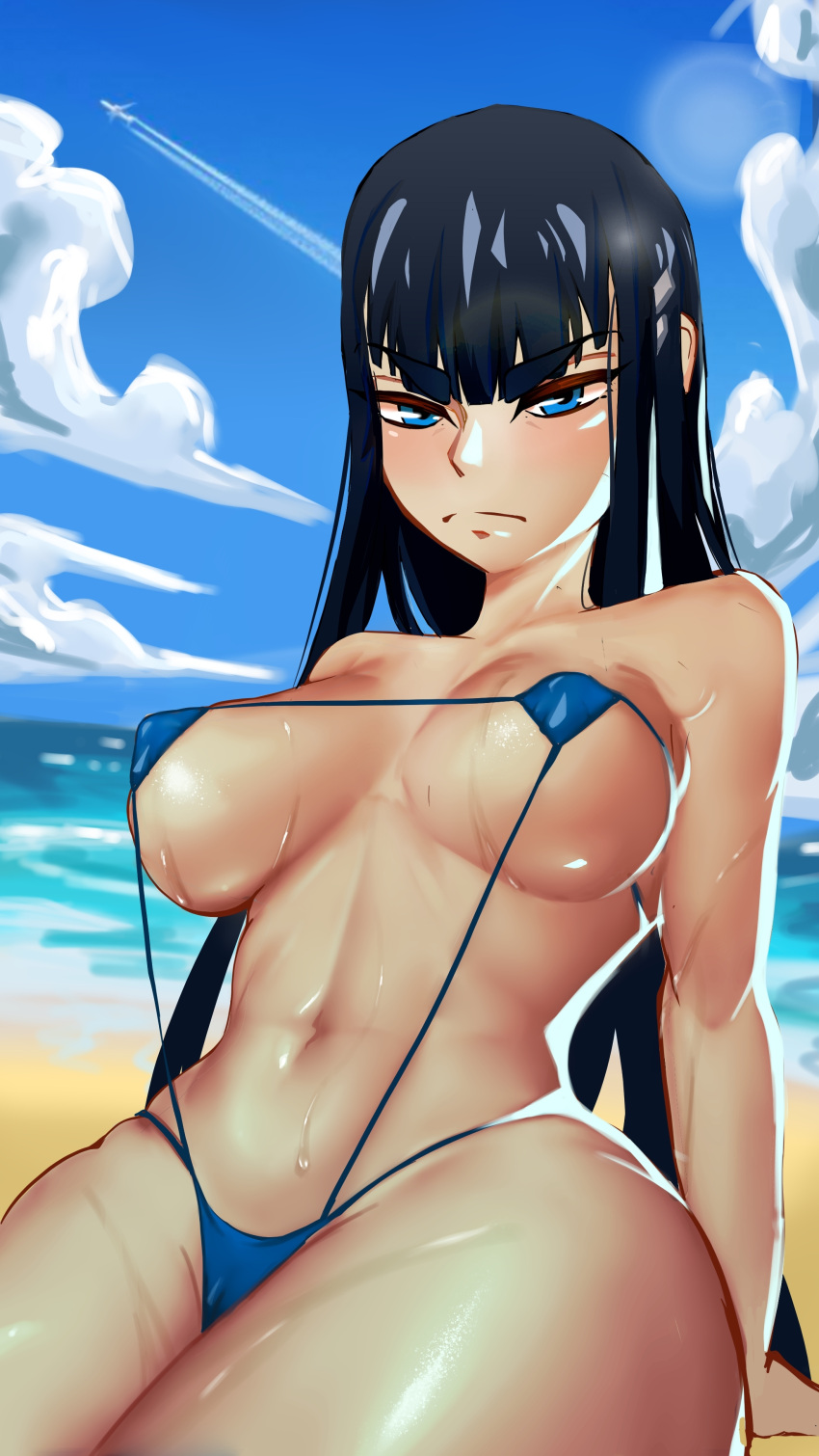 1girls beach big_breasts bikini blue_eyes breasts curvy_figure emotionless eye_contact female kill_la_kill kiryuuin_satsuki long_hair looking_at_viewer micro_bikini mon_eree solo thick_thighs thighs wide_hips