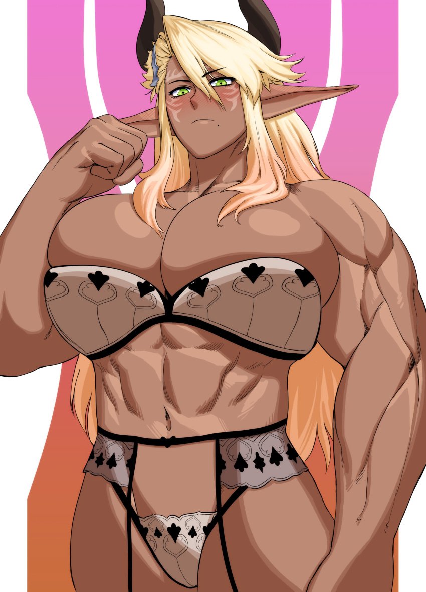 1girls absurd_res big_breasts blonde_hair blush clenched_hand cow_horns dark-skinned_female dark_skin erilsa_(leadleaf) face_markings female female_only final_fantasy final_fantasy_xiv green_eyes horns lingerie long_hair looking_at_viewer muscular_female pointy_ears roegadyn solo solo_female sotcho