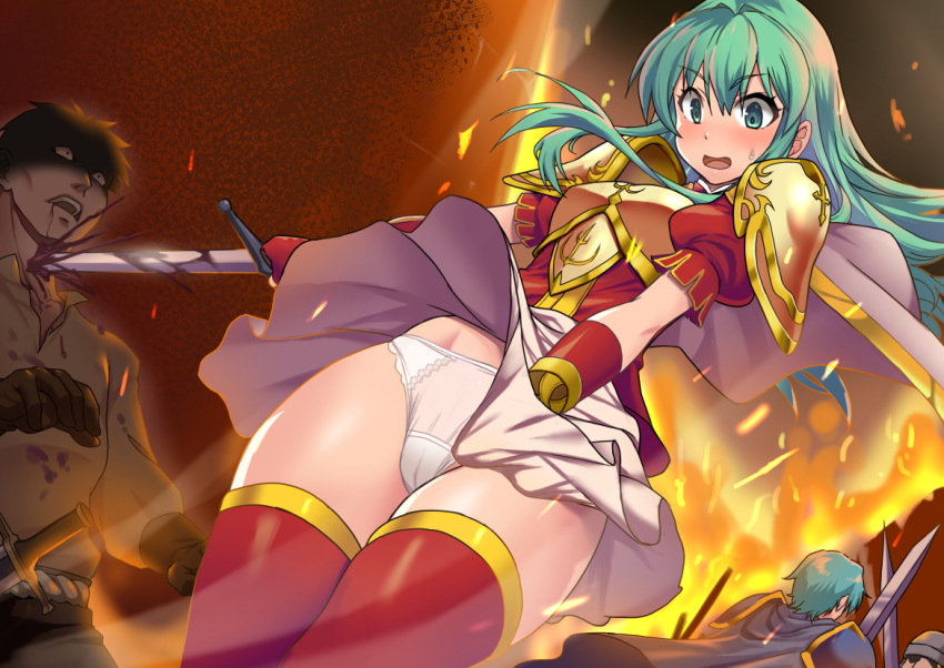 1girls armor blue_eyes blue_hair clothes_lift death eirika_(fire_emblem) embarrassed ephraim_(fire_emblem) female fire_emblem fire_emblem:_the_sacred_stones holding holding_sword holding_weapon kuma_tei kumacchi long_hair male_death nintendo open_mouth panties pantyshot partially_visible_vulva reverse_ryona shoulder_armor skirt skirt_lift solo_focus sweatdrop sword thighhighs thighs underwear upskirt weapon white_panties wind wind_lift