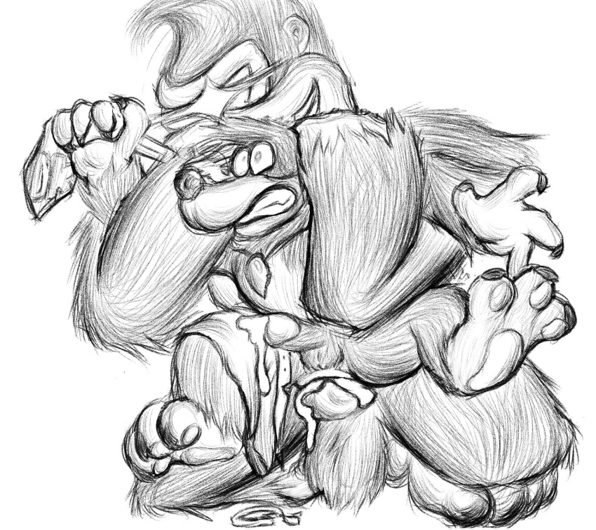 anal anal_sex anthro ape balls banjo-kazooie banjo_(banjo-kazooie) belt belt_buckle bodily_fluids bottomwear clothing cum cum_in_ass cum_inside dominant dominant_male donkey_kong donkey_kong_(series) duo eneirem_(artist) erection fight forced genital_fluids genitals haplorhine hi_res male male/male male_only mammal monochrome necktie nintendo orgasm penetration penis primate rareware shorts submissive submissive_male ursid video_games wrestling