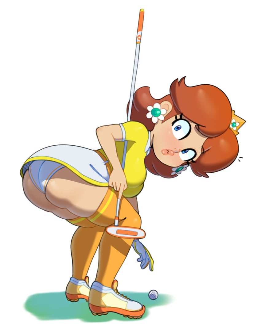 1girls ass bent_over big_ass blue_eyes brown_hair butt_crack crown earrings eyelashes female female_only golf_club lips looking_at_viewer looking_back mario_(series) mario_golf medium_hair nintendo orange_legwear orange_thighhighs panties princess_daisy solo somescrub sport stockings striped_panties surprised thighhighs upskirt white_background wide_eyed