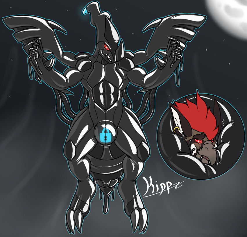 2021 3_toes abs anthro avian beak black_body bound claws digital_drawing_(artwork) digital_media_(artwork) ear_piercing ear_ring encasement feet glistening glowing goo_creature gryphon hair hi_res hypnosis kippz legendary_pokémon lock lock_bulge lock_symbol male maned_gryphon mind_control moon muscular mythological_avian mythology nintendo null_bulge piercing pokémon_(species) pokemon red_eyes red_hair ringed_eyes rubber simple_background teebs toe_claws toes video_games wings zekrom