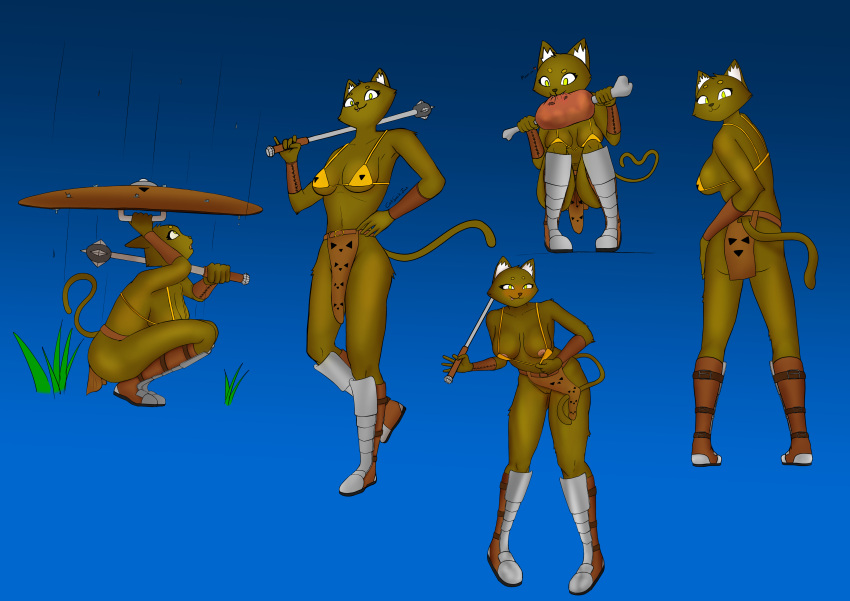 absurd_res anthro armor bone boots bottomwear bra bracers brown_body brown_fur catsockjus clothing domestic_cat felid feline felis female food footwear fur gradient_background grass green_eyes hi_res jaline loincloth looking_at_viewer mace mammal meat melee_weapon plant pulling_bra raining shield simple_background smile solo teasing toothpick underwear weapon yellow_bra yellow_clothing yellow_underwear