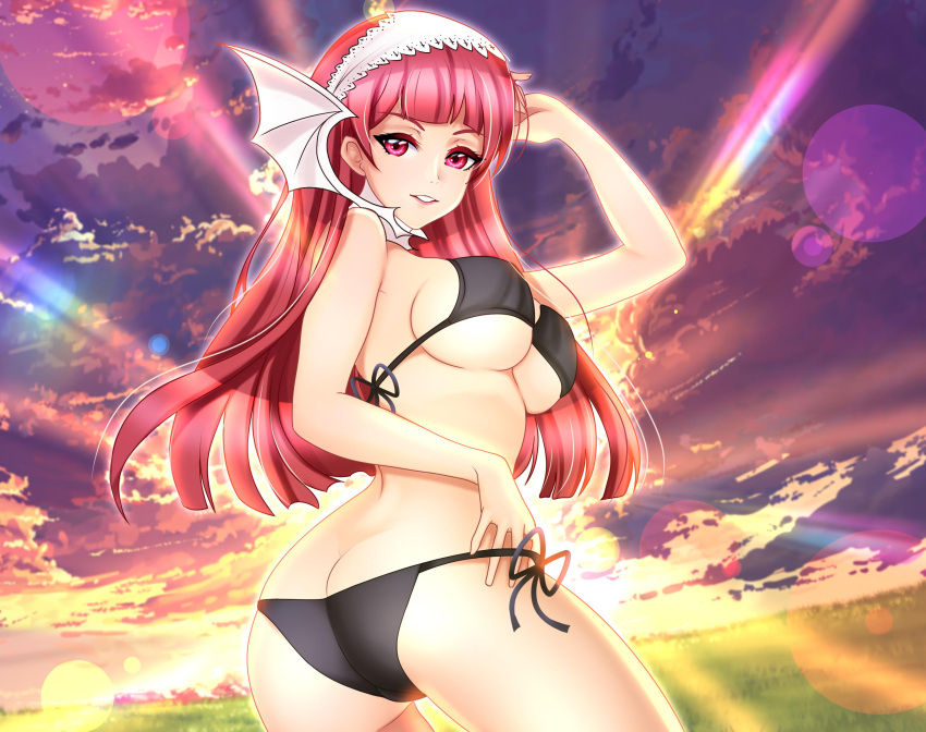 1girls absurdres alternate_costume arm_up ass ass_cleavage back bangs bare_thighs big_ass bikini black_bikini black_swimsuit black_underwear bra breasts butt_crack cherche_(fire_emblem) detailed_background fire_emblem fire_emblem_awakening grass hair_ornament highres large_breasts long_hair looking_at_viewer looking_back nintendo outdoors panties panty_pull pink_eyes pink_hair red_eyes red_hair risovaka sideboob sky solo sunset swimsuit symbol-shaped_pupils teasing thighs underboob underwear violet_eyes violet_hair