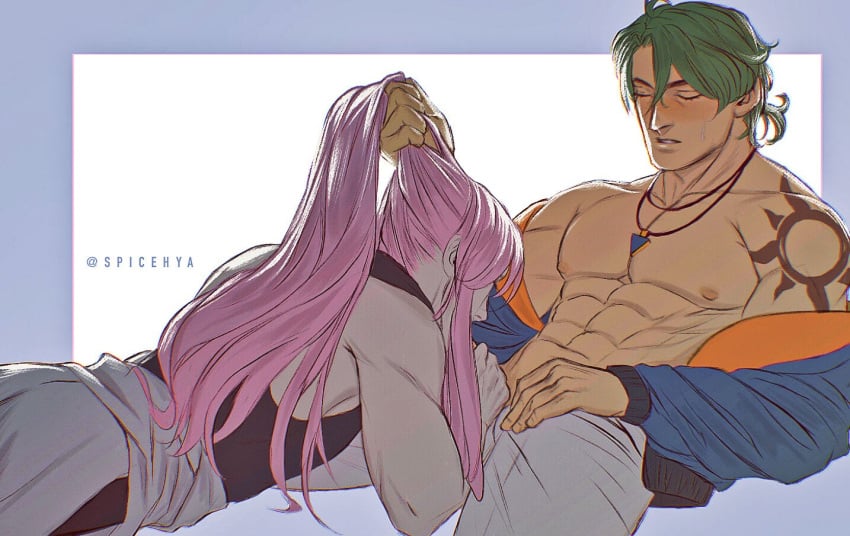 2boys arm_tattoo cherry_blossom_(sk8_the_infinity) closed_eyes clothed clothing fellatio gay grabbing_hair green_hair hair_grab hand_on_penis joe_(sk8_the_infinity) kaoru_sakurayashiki kojiro_nanjo long_hair long_hair_male male male/male male_only nebulousvega open_shirt oral oral_sex penis_grab penis_in_mouth pink_hair sk8_the_infinity tattoo tattooed_arm yaoi