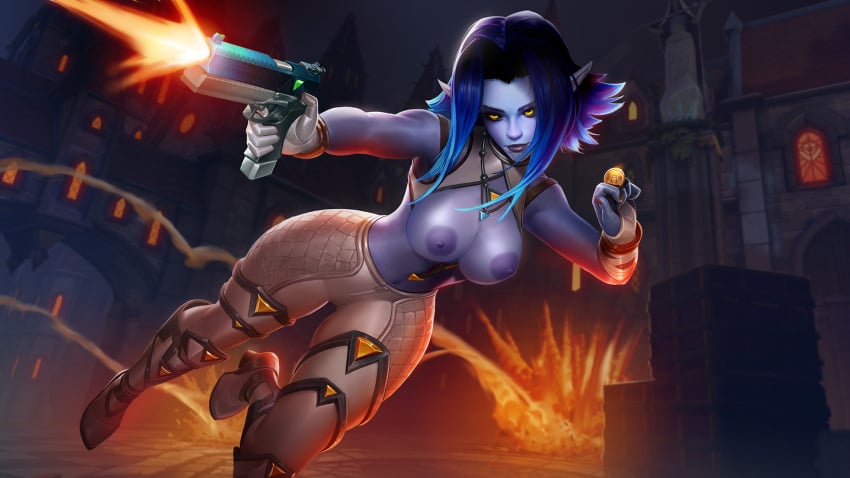 1girls areola areolae big_breasts big_nipples blue-skinned_female blue_skin breasts dark_elf dark_hair elf huge_breasts iced_out_saati large_areolae large_breasts large_nipples official_art paladins saati_(paladins) solo solo_female third-party_edit