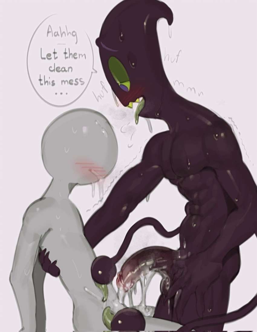 after_sex anon black_body blush bodily_fluids circle_head cleaning covered_in_cum cum cum_on_face cum_on_penis demon dialogue excessive_cum glistening glistening_body glistening_penis green_eyes green_tongue grey_body kogito male male_only monster muscular_male nergal_(tgaobam) non-human non-human_only open_mouth tentacle text the_grim_adventures_of_billy_and_mandy tongue_out