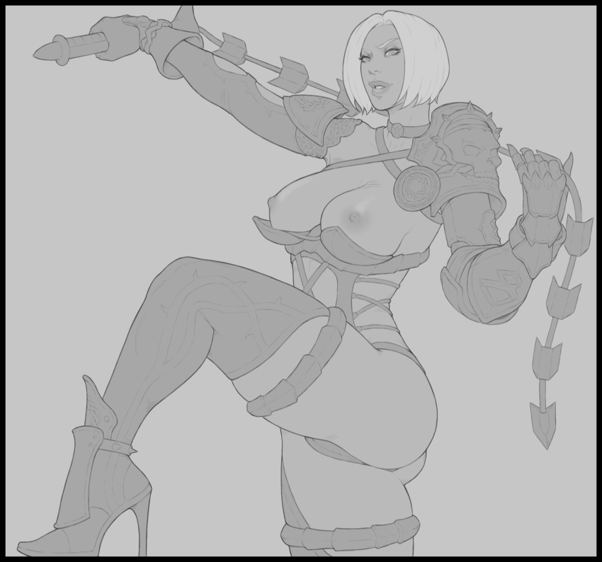 1girls armor breasts choker female female_only high_heels highres isabella_valentine monochrome nipples ragingrabbit2 short_hair simple_background solo soul_calibur soul_calibur_vi thighs whip_sword white_hair