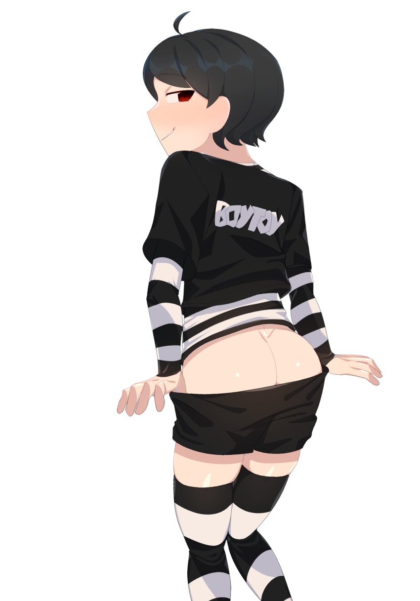 1boy black_hair crossdressing crybleat femboy from_behind original original_character pants_pull pulled_by_self short_shorts skylar_ross solo striped_legwear stripping trap undressing