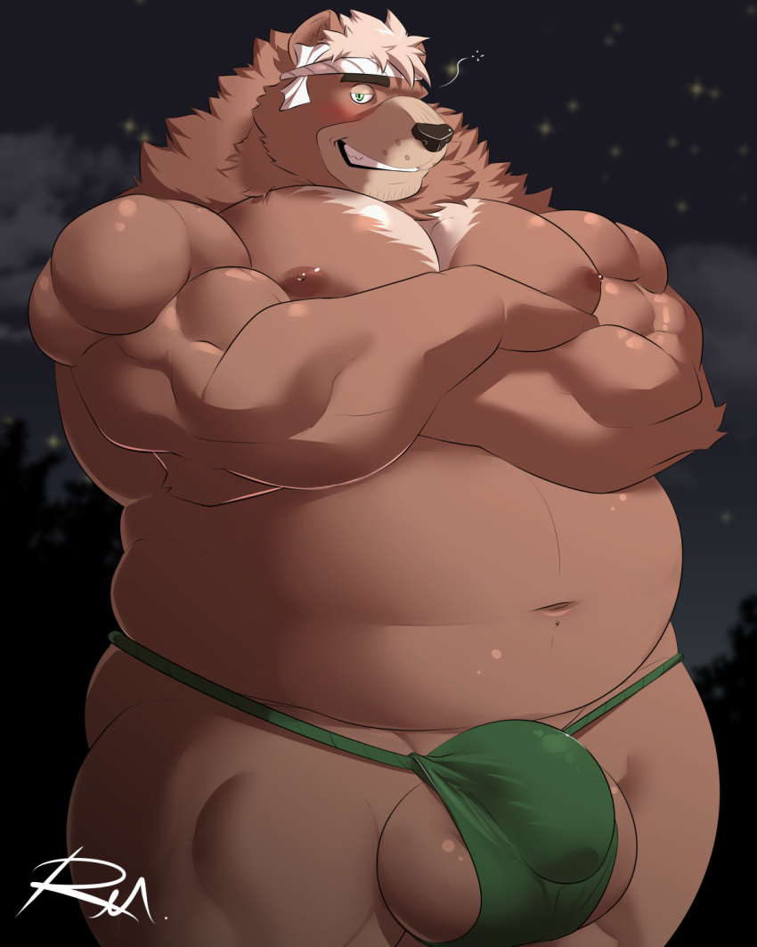 2021 4:5 anthro asian_clothing balls belly black_nose blush bulge clothing east_asian_clothing flaccid fundoshi genital_outline genitals goro_(live-a-hero) green_clothing green_fundoshi green_underwear hi_res invalid_tag japanese_clothing live-a-hero male male_only mammal moobs navel night nipples outside overweight overweight_male penis_outline reclamon solo underwear ursid video_games