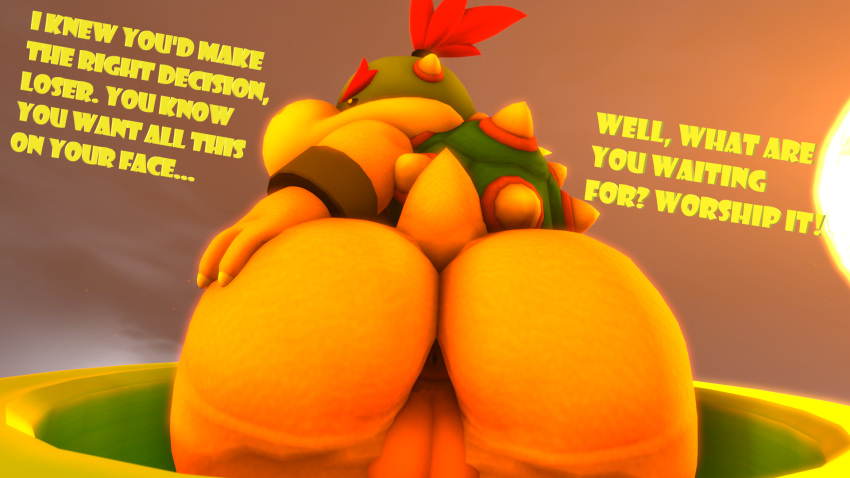 16:9 3d 3d_(artwork) anthro ass black_eyes bowser_jr. butt_focus butt_grab dialogue digital_media_(artwork) doommusk english_text hair hand_on_butt hi_res inviting inviting_to_sex koopa koopa_clown_car male male_only mario_(series) nintendo red_hair reptile scalie solo source_filmmaker super_mario_galaxy text video_games wanting_sex widescreen yellow_body yellow_skin young