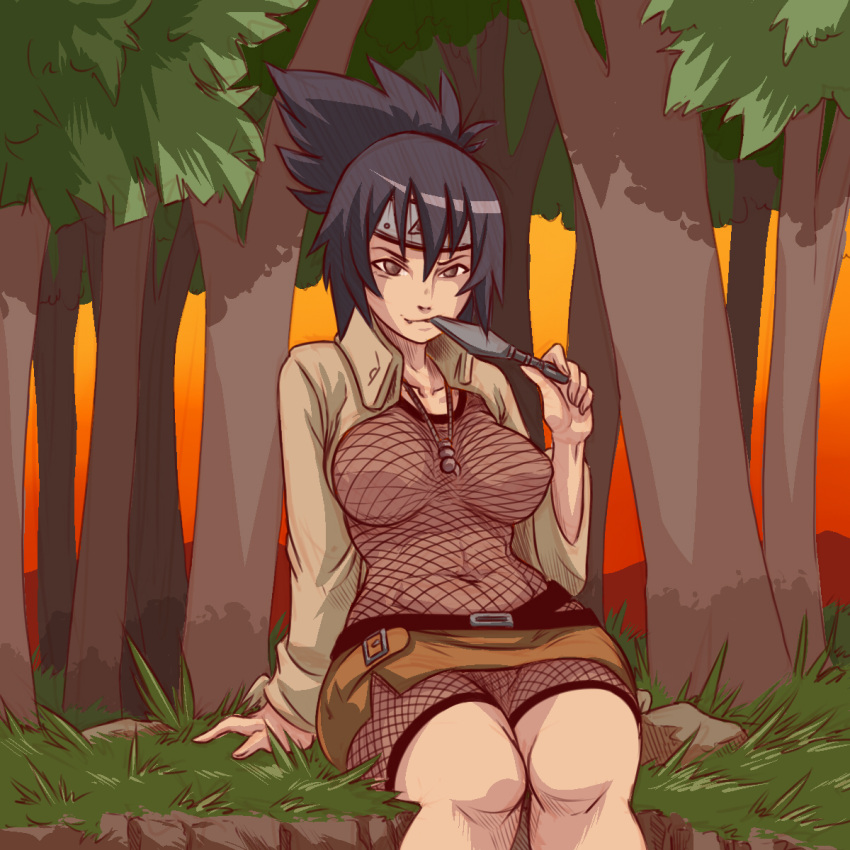 1girls bangs big_breasts bodysuit breasts brown_eyes brown_jacket clothed_female fishnet_bodysuit fishnets forehead_protector grass hair_between_eyes highres holding holding_weapon in_mouth jacket jewelry kunai kunoichi long_hair long_sleeves looking_at_viewer mitarashi_anko naruto naruto_(series) navel necklace ninja oerba_yun_fang on_floor open_clothes open_jacket outdoors plague_of_gripes ponytail purple_hair sitting smile sunset thick_thighs tree weapon