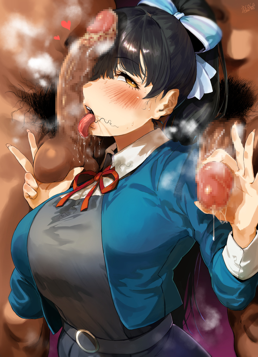 1girls 2boys absurd_res balls big_balls big_breasts big_penis black_hair blush breasts censored clothed_female_nude_male fat_man female hair_ribbon handjob hazuki_ren hearts hero_neisan high_resolution huge_breasts idol large_breasts large_penis large_testicles licking licking_penis love_live! love_live!_superstar!! mosaic_censoring oral penis pubic_hair pubic_hair_in_mouth pubic_hair_peek smegma stray_pubic_hair sweat testicle_grab testicles