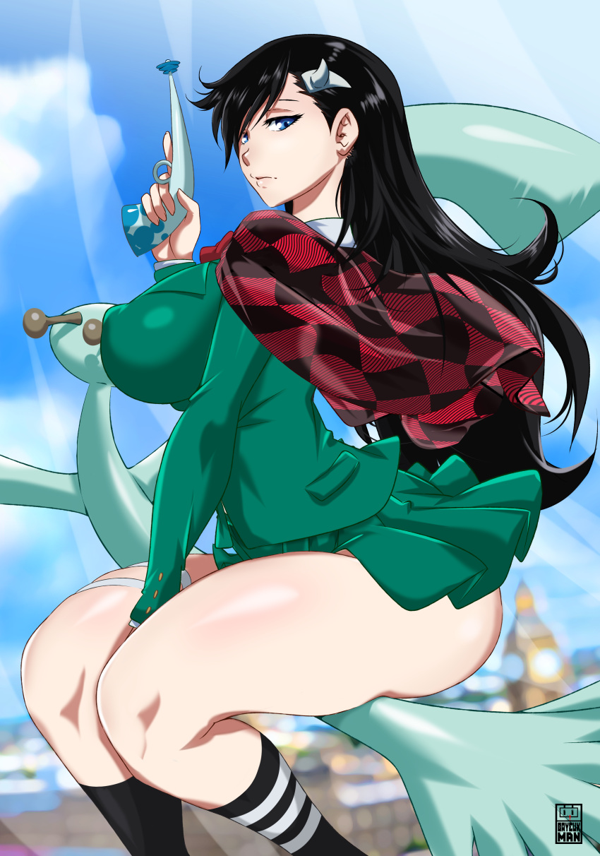 1girls absurdres artist_logo bare_thighs bayeuxman black_hair black_kneesocks bleach blue_eyes blurry_background blush broom broom_riding burn_the_witch cloud curvaceous curves curvy green_jacket green_skirt holding_gun holding_object horn hourglass_figure huge_breasts human large_breasts long_sleeves looking_at_viewer mismatched_legwear mismatched_socks nanoskirt noel_niihashi outdoors outside pleated_skirt scarf sci-fi sitting skirt sky thick_thighs thigh_band thigh_bands thin_arms thin_waist very_long_hair