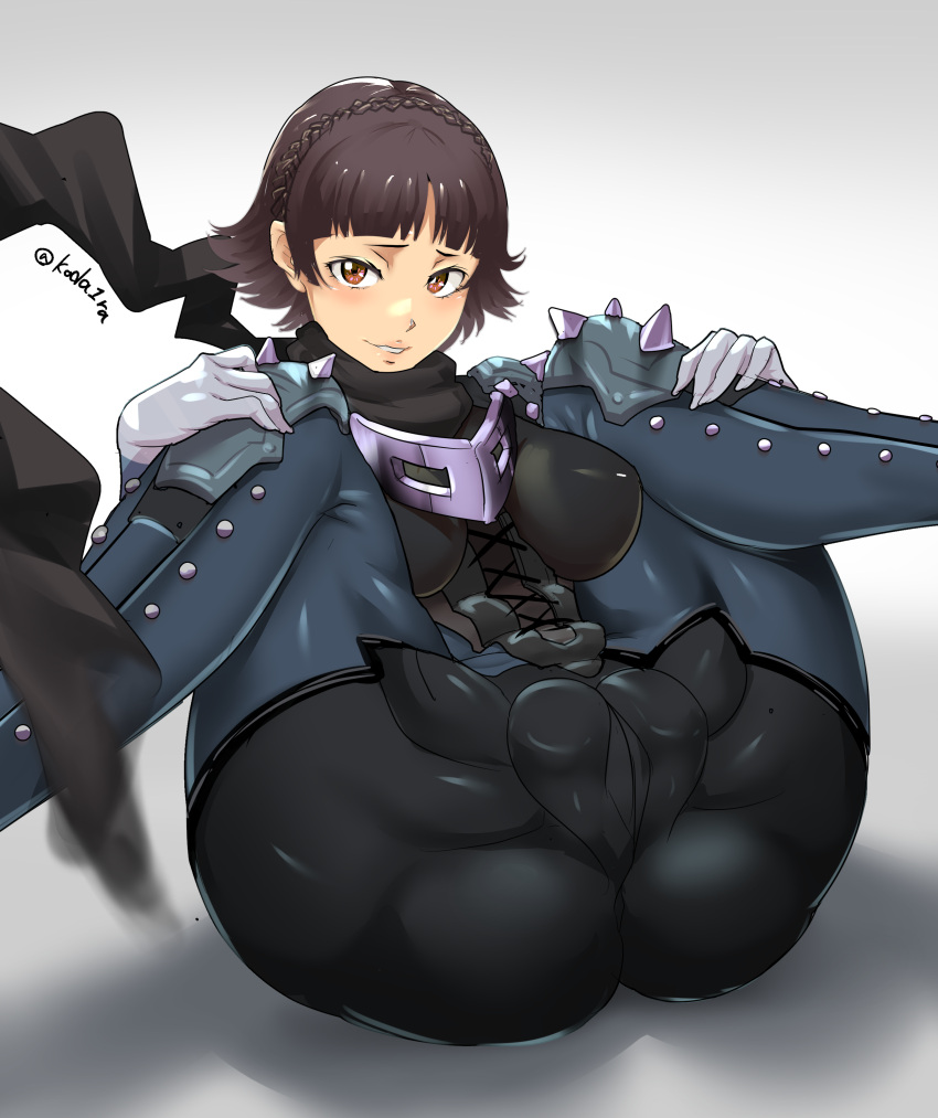 ass atlus brown_hair exposed_pussy female human koda1ra looking_at_viewer makoto_niijima megami_tensei nipples nipples_visible_through_clothing pale_skin persona persona_5 phantom_thief_suit presenting presenting_pussy pussy red_eyes sega short_hair smile solo solo_female solo_focus spread_legs tagme thick_thighs