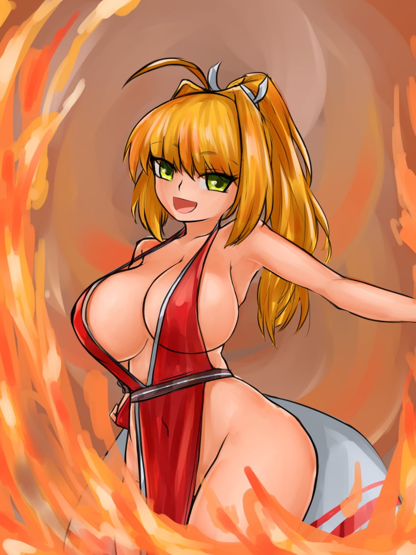 1girls absurd_res barely_clothed big_breasts cosplay covered_navel fan fatal_fury fate/extra fate/grand_order fate_(series) female female_only fire highres huge_breasts king_of_fighters mai_shiranui_(cosplay) nero_claudius_(fate) no_bra no_panties no_underwear nude_underneath ponytail revealing_clothes snk solo steamingtofu thick_thighs