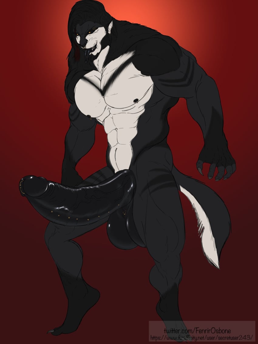 3:4 animal_humanoid anthro balls big_bad_wolf_(fenrir_osbone) big_balls big_penis black_balls black_nipples black_penis canid canine canis claws dark_body dark_fur digital_media_(artwork) erection fenrir_osbone fenrir_osbone_(character) fur genitals glistening glistening_genitalia glistening_penis hair hi_res humanoid humanoid_face humanoid_genitalia humanoid_penis hybrid male male_focus male_only mammal mammal_humanoid muscular muscular_anthro muscular_male nipples nude penis piercing simple_background smile solo text tongue url were werecanid werecanine werewolf wolf