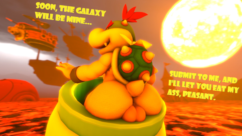 16:9 3d 3d_(artwork) anthro ass bowser_jr. butt_focus cloudy_sky dialogue digital_media_(artwork) doommusk hair hi_res inviting inviting_to_fuck inviting_to_sex koopa koopa_clown_car male male_only mario_(series) nintendo red_hair reptile ring scalie seductive seductive_pose solo source_filmmaker sun super_mario_galaxy video_games widescreen yellow_body yellow_skin young